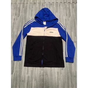 Adidas Boys Hoodie Sweater Size L (14-16) Youth Pullover Blue/Black 100% Cotton